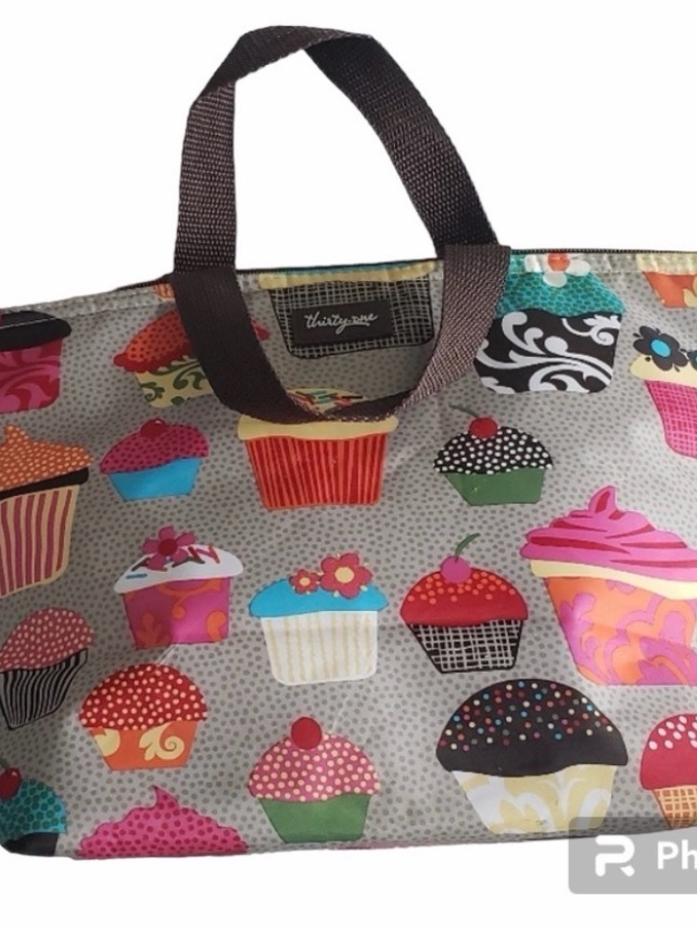 Thirty-one Gray Cupcake Print Lunch Tote with Brown Handles
